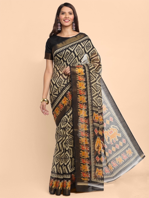 

KALINI Black & Beige Kalamkari Linen Blend Saree