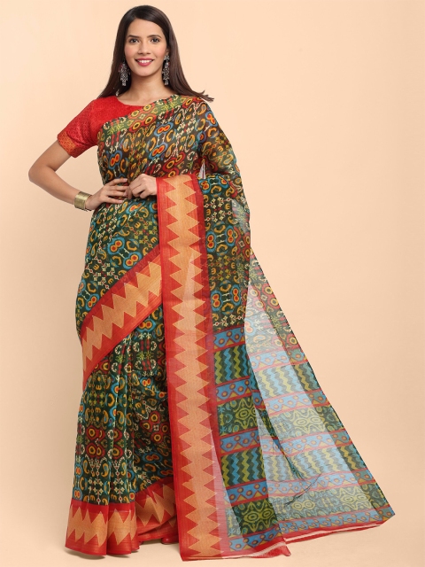 

KALINI Green & Red Ethnic Motifs Printed Linen Blend Saree