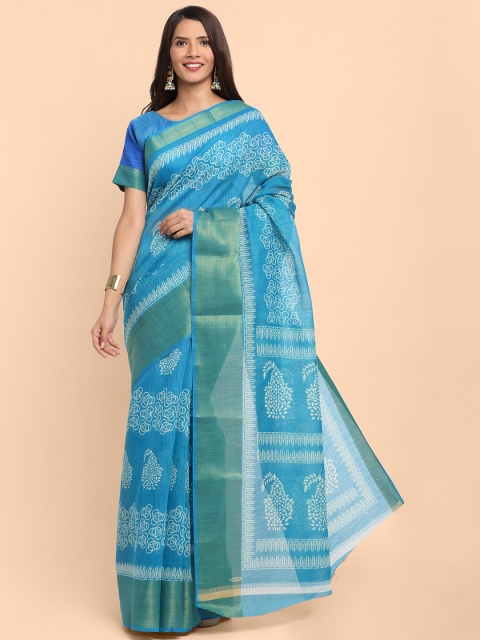 

Kalini Women Blue Linen Blend Paisley Printed Saree