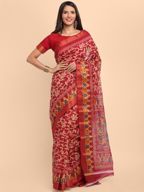 

KALINI Maroon & Beige Ethnic Motifs Printed Linen Blend Saree