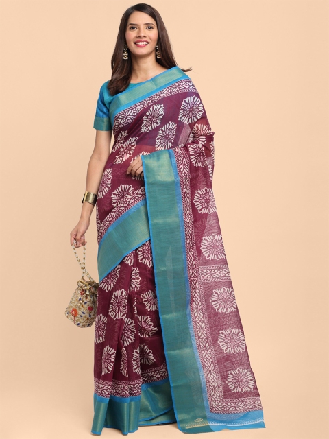 

KALINI Purple & Blue Floral Linen Blend Saree