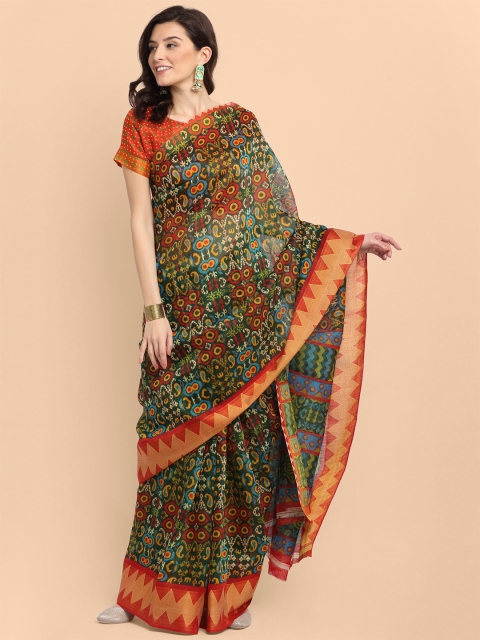 

KALINI Sea Green & Red Ethnic Motifs Printed Linen Blend Saree