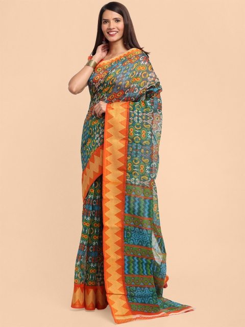 

Kalini Women Green Linen Blend Geometric Printed Saree