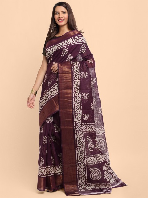 

KALINI Purple & White Ethnic Motifs Printed Zari Linen Blend Saree