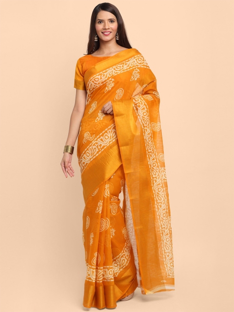 

Kalini Women Orange Linen Blend Paisley Printed Saree