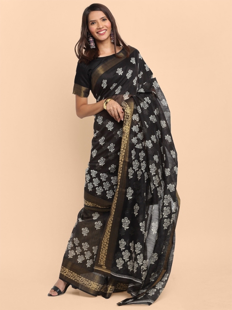 

KALINI Black & White Floral Linen Blend Saree