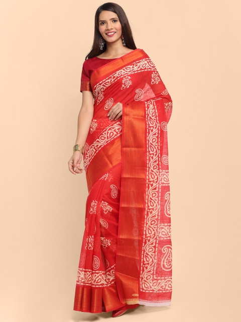 

KALINI Red Floral Printed Linen Blend Saree