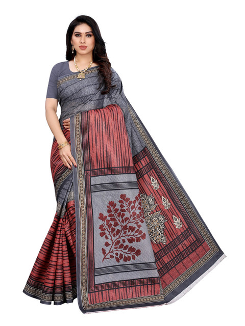 

KALINI Grey & Maroon Striped Linen Blend Saree
