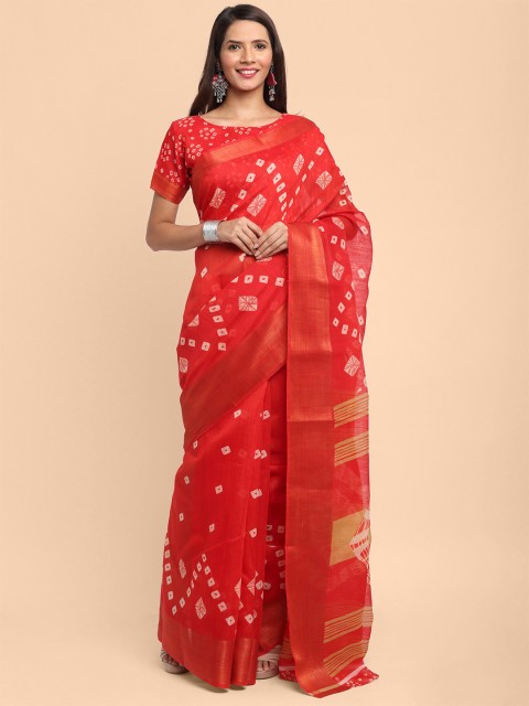 

KALINI Red & Off White Bandhani Linen Blend Saree