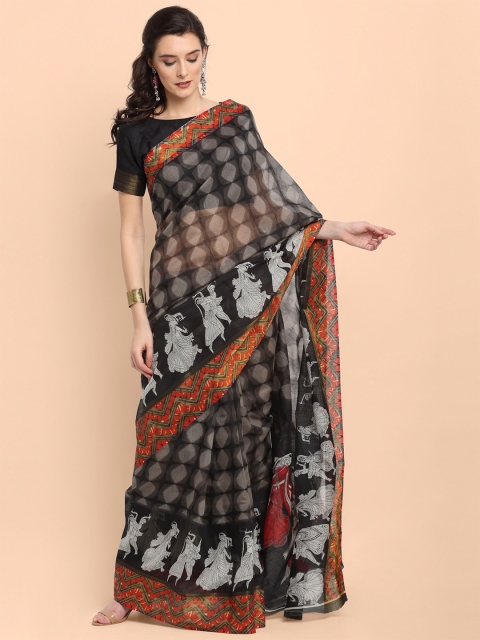 

KALINI Black Kalamkari Printed Linen Blend Saree