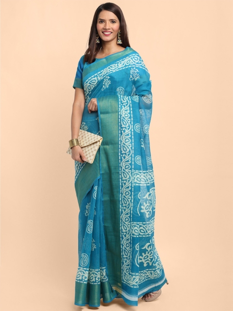 

KALINI Blue & White Ethnic Motifs Printed Linen Blend Saree