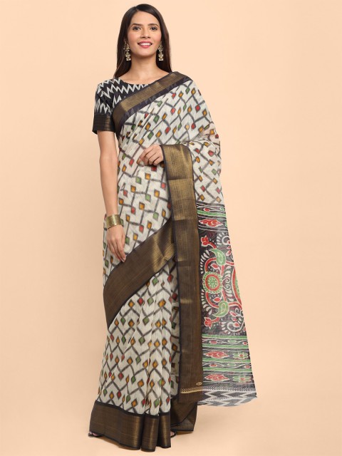 

KALINI White & Black Linen Blend Saree