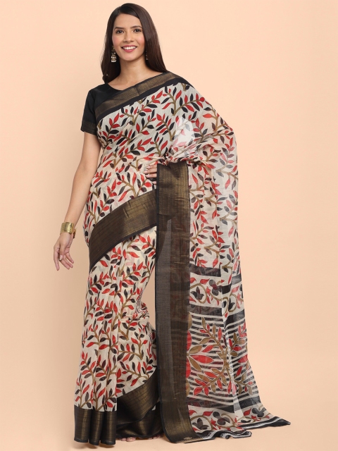 

KALINI Off White & Black Floral Linen Blend Saree