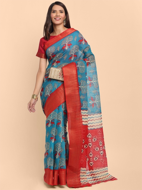 

KALINI Blue & Red Linen Blend Kalamkari Printed Saree