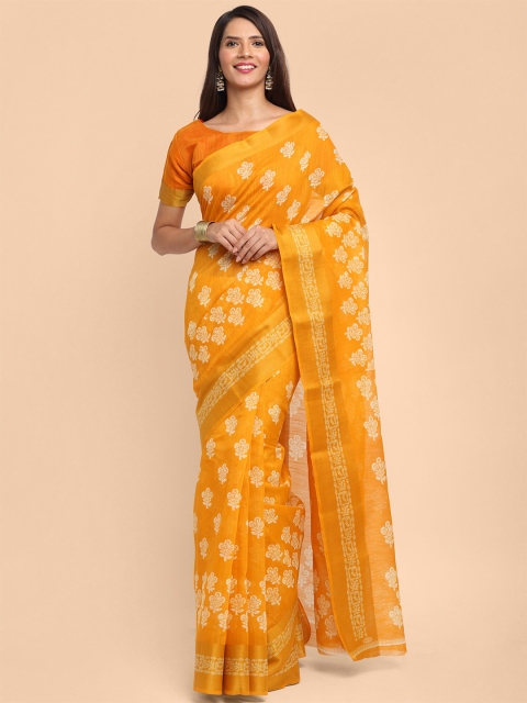 

Kalini Women Yellow Linen Blend Batik Printed Saree
