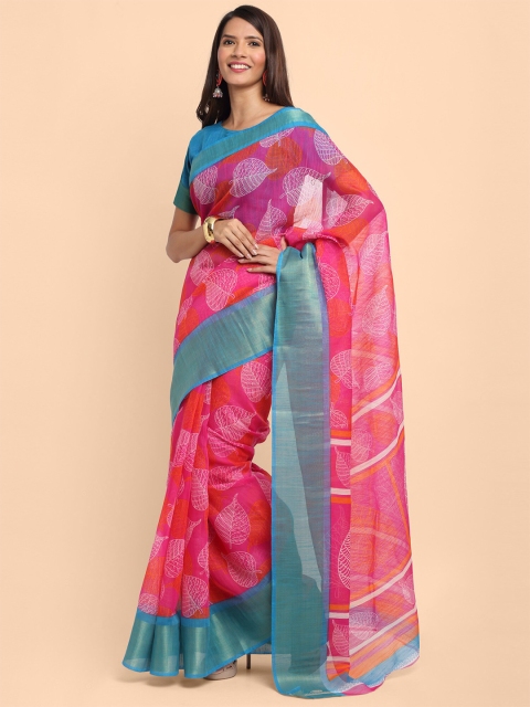 

KALINI Pink & White Floral Linen Blend Saree
