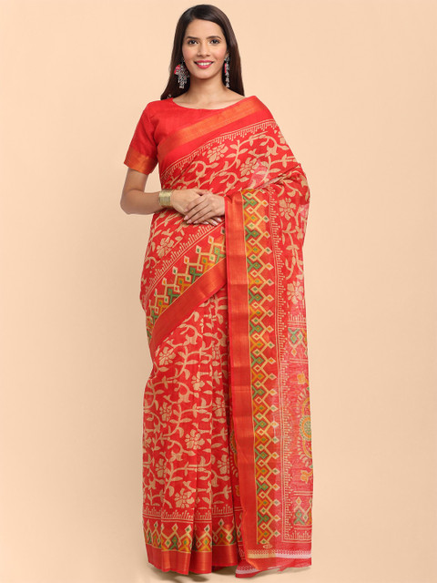

KALINI Red & Yellow Ethnic Motifs Printed Linen Blend Saree