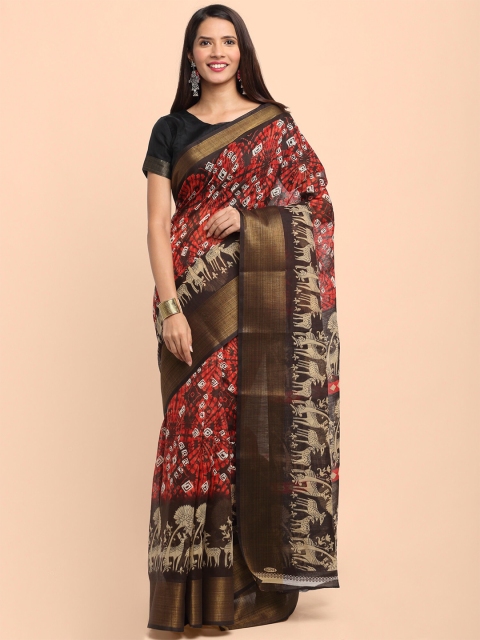 

Kalini Women Maroon Linen Blend Kalamkari Printed Saree