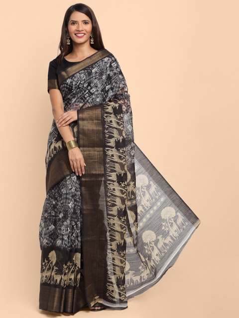 

KALINI Black & White Kalamkari Printed Linen Blend Saree