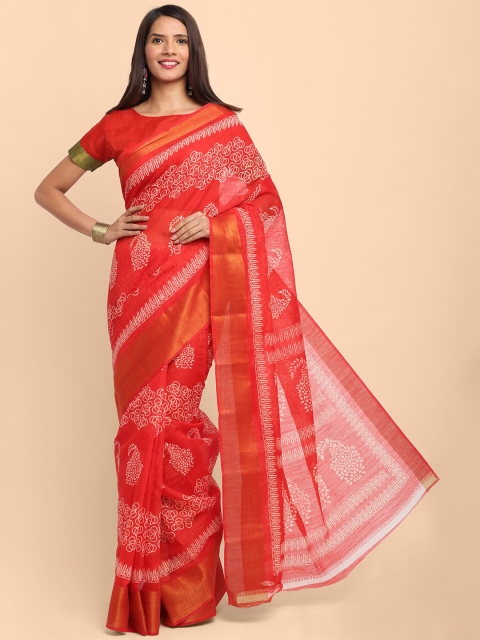 

KALINI Red & White Ethnic Motifs Linen Blend Saree