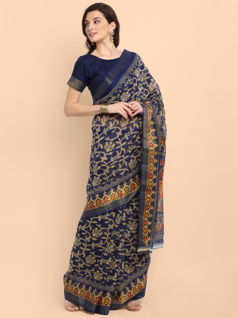 

KALINI Blue Floral Linen Blend Saree