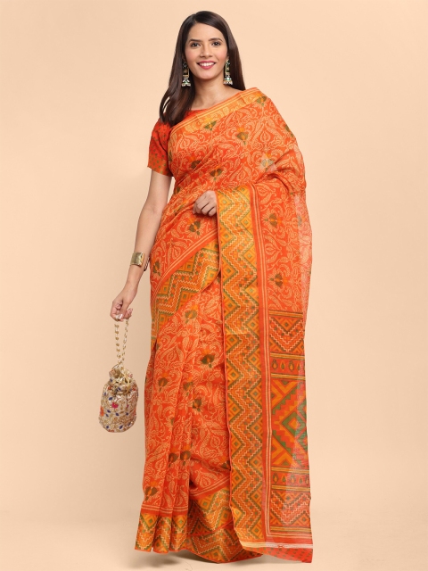 

KALINI Orange & Green Ethnic Motifs Printed Linen Blend Saree
