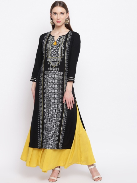 

RIVI Women Black Ethnic Motifs Printed Pure Cotton Kurta with Palazzos