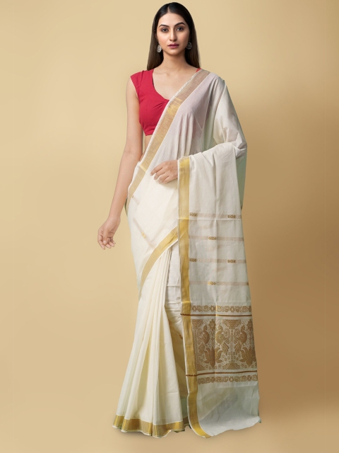 

Unnati Silks Off White Woven Design Zari Pure Cotton Kasavu Saree