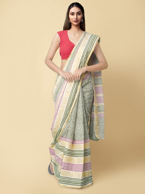 

Unnati Silks Cream-Coloured & Green Woven Design Zari Pure Cotton Kasavu Saree