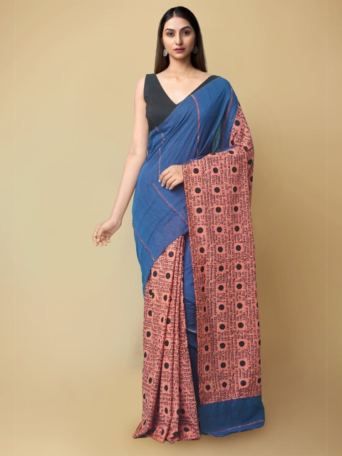 

Unnati Silks Blue & Red Pure Block Printed Cotton Kasavu Saree