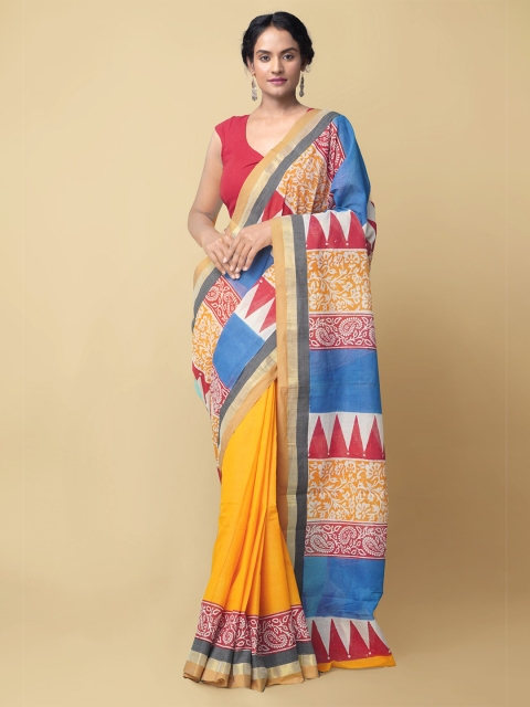 

Unnati Silks Blue & Yellow Pure Cotton Saree