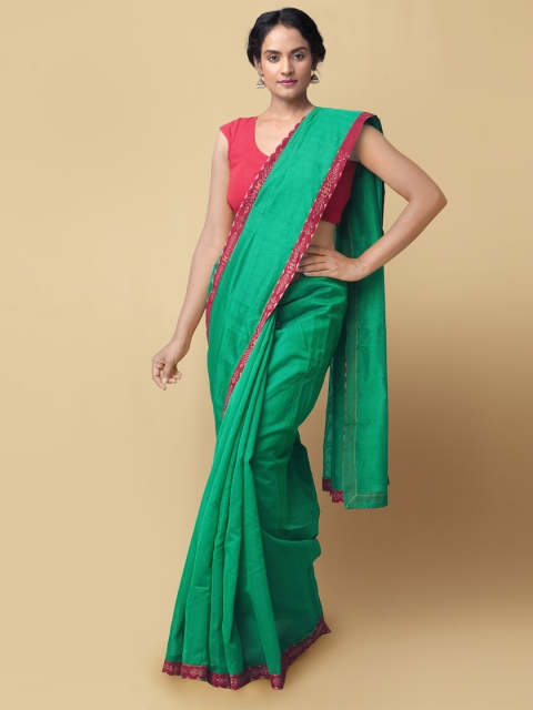 

Unnati Silks Green & Red Woven Design Silk Cotton Chanderi Saree