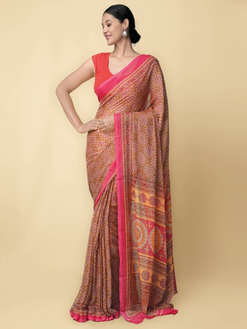 

Unnati Silks Rust & Multicoloured Ethnic Motifs Patola Saree