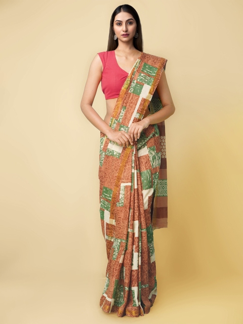 

Unnati Silks Women Brown Hand Hand Block Printed Mulmul Cotton Sustainable Saree