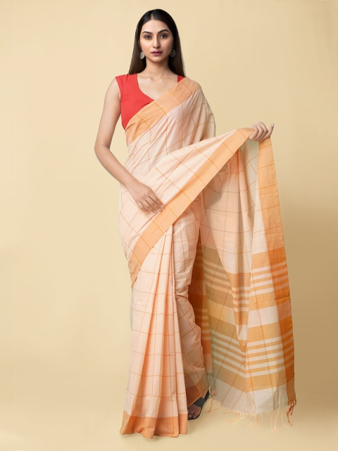 

Unnati Silks Cream-Coloured Checked Pure Cotton Handloom Venkatgiri Saree