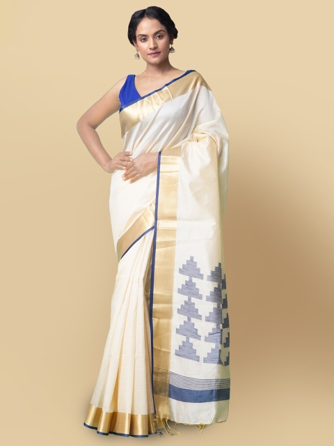 

Unnati Silks Off White & Gold-Toned Kerala Jute Art Silk Kasavu Saree