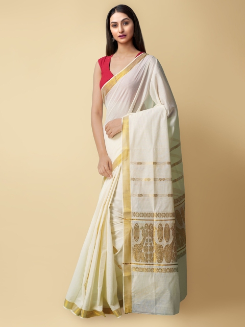 

Unnati Silks Off White Zari Pure Cotton Kasavu Saree