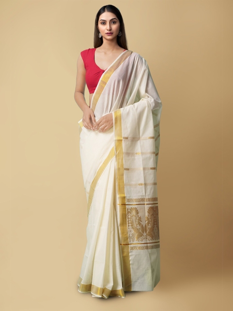 

Unnati Silks Cream-Coloured & Gold-Toned Pure Cotton Kasavu Saree