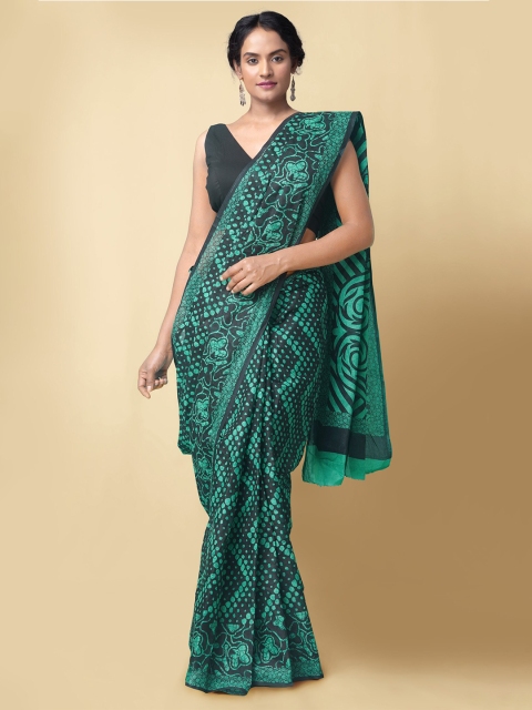 

Unnati Silks Black & Green Hand Block Printed Pure Cotton Dabu Saree