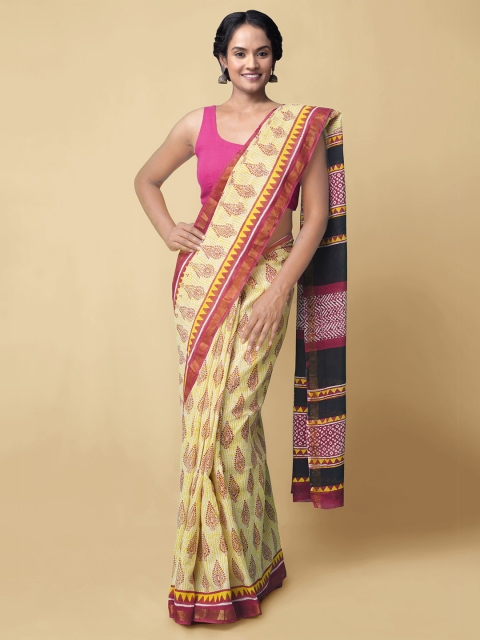 

Unnati Silks Yellow Ethnic Motifs Pure Cotton Kasavu Saree