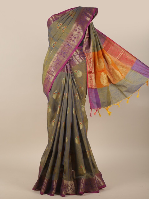 

Pothys Olive Green & Purple Ethnic Motifs Zari Silk Cotton Saree