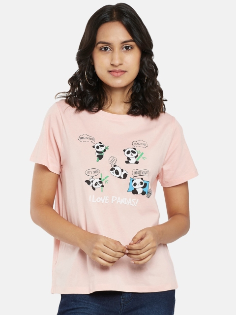 

People Women Peach & Black Panda Printed T-shirt