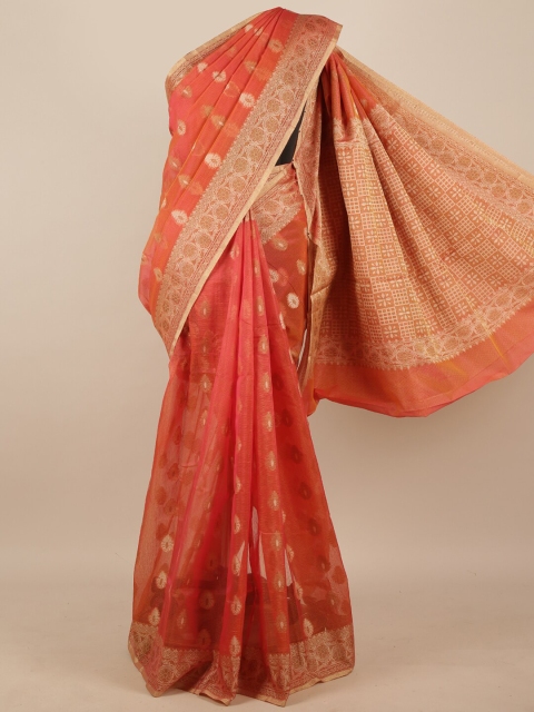 

Pothys Orange & Gold Ethnic Motifs Woven Design Zari Supernet Saree