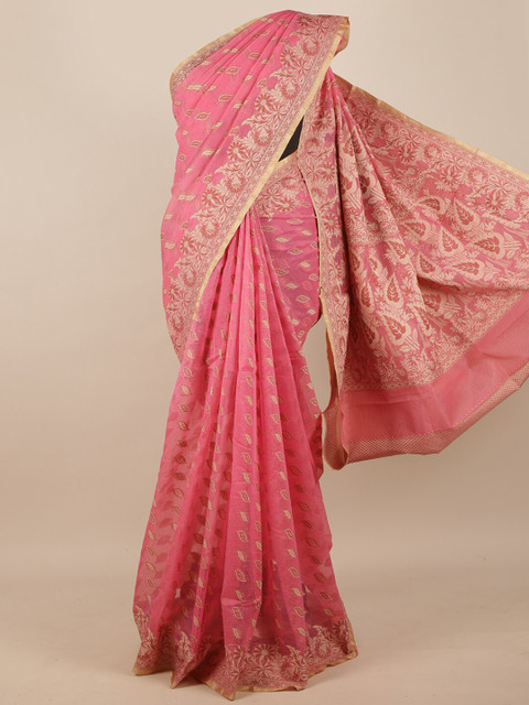 

Pothys Women Pink & Gold Super Net Floral Woven designed Saree