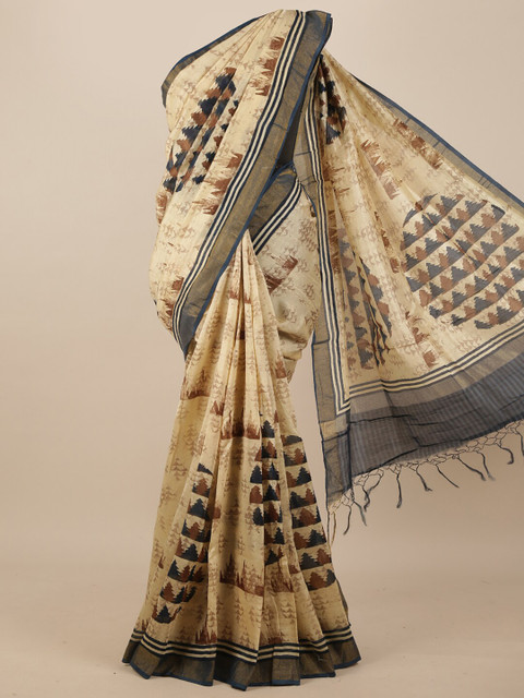 

Pothys Cream-Coloured & Black Geometric Printed Zari Border Saree