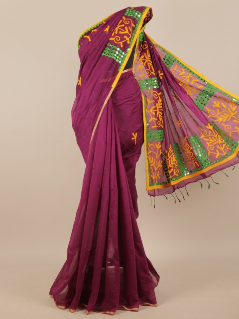 

Pothys Jute Women Maroon & Yellow Mirror Work Embroidered Saree, Purple