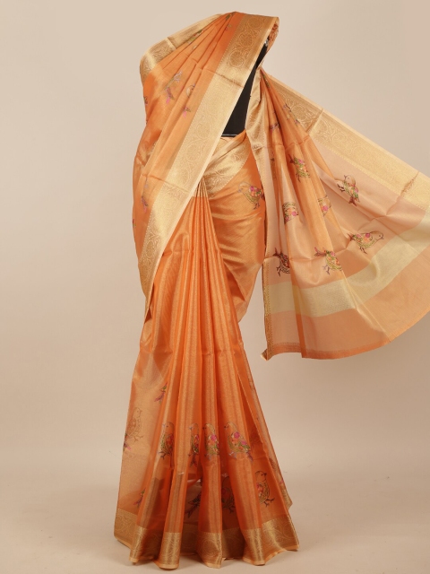 

Pothys Women Orange & Gold Tissue Embroidered Saree