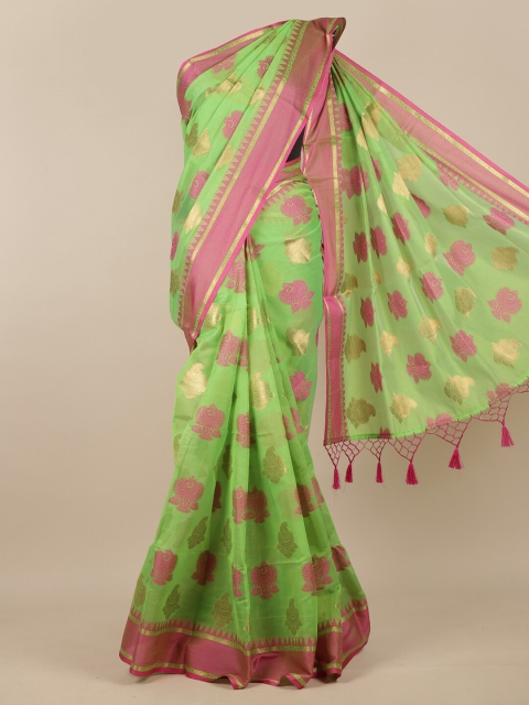 

Pothys Women Green & Pink Ethnic Motifs Woven Designed Saree
