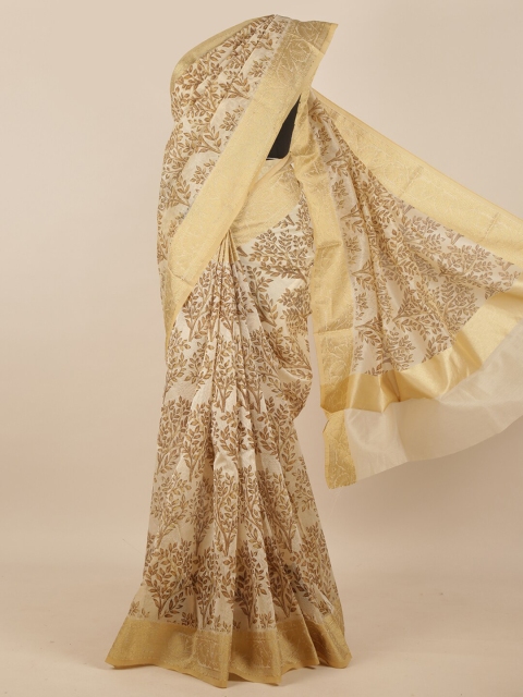 

Pothys Cream-Coloured & Gold-Toned Floral Supernet Saree