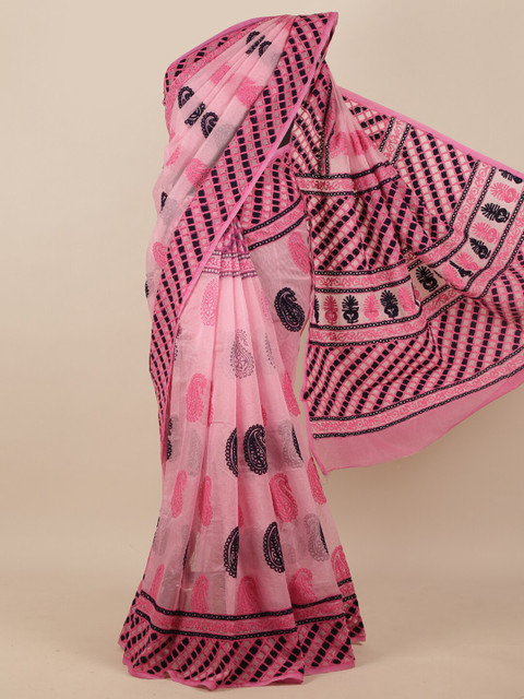 

Pothys Pink & Black Ethnic Motifs Embroidered Supernet Saree
